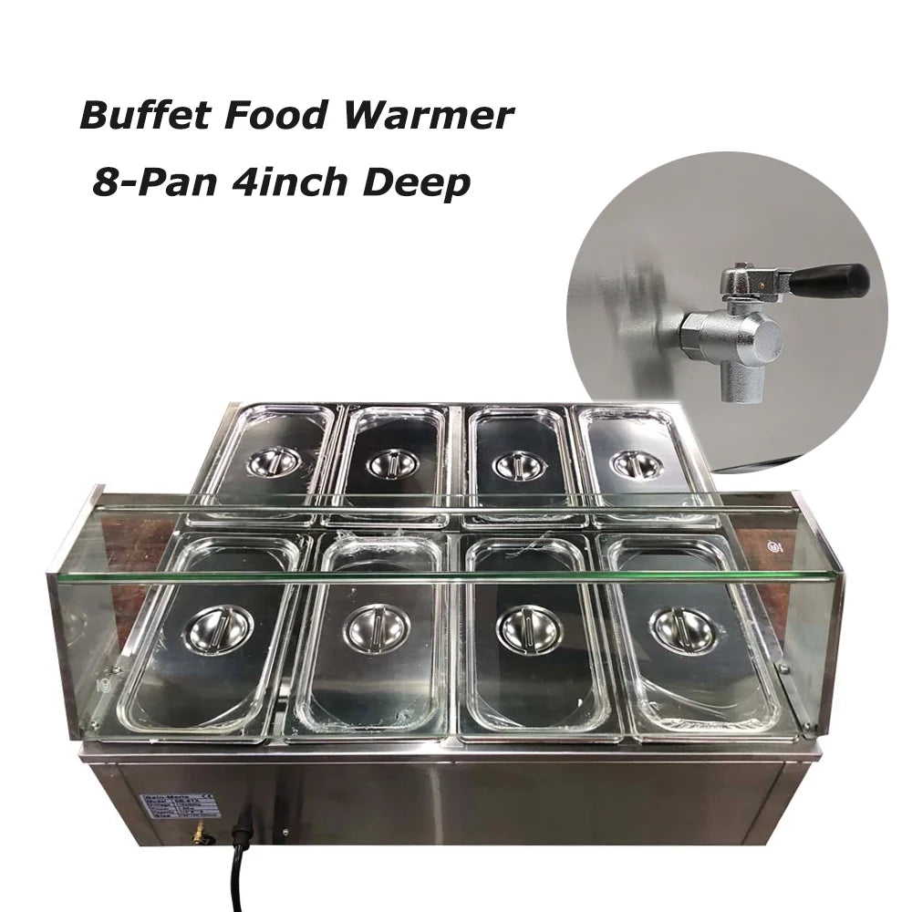 8 Pot Stainless Steel Buffet Food Warmer with Glass Shield Q243