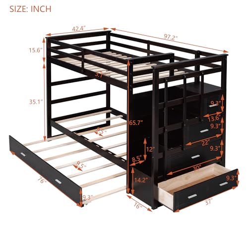 Full Over Full Wood Bunk Bed with Twin Trundle and Stairs, Espresso A1506