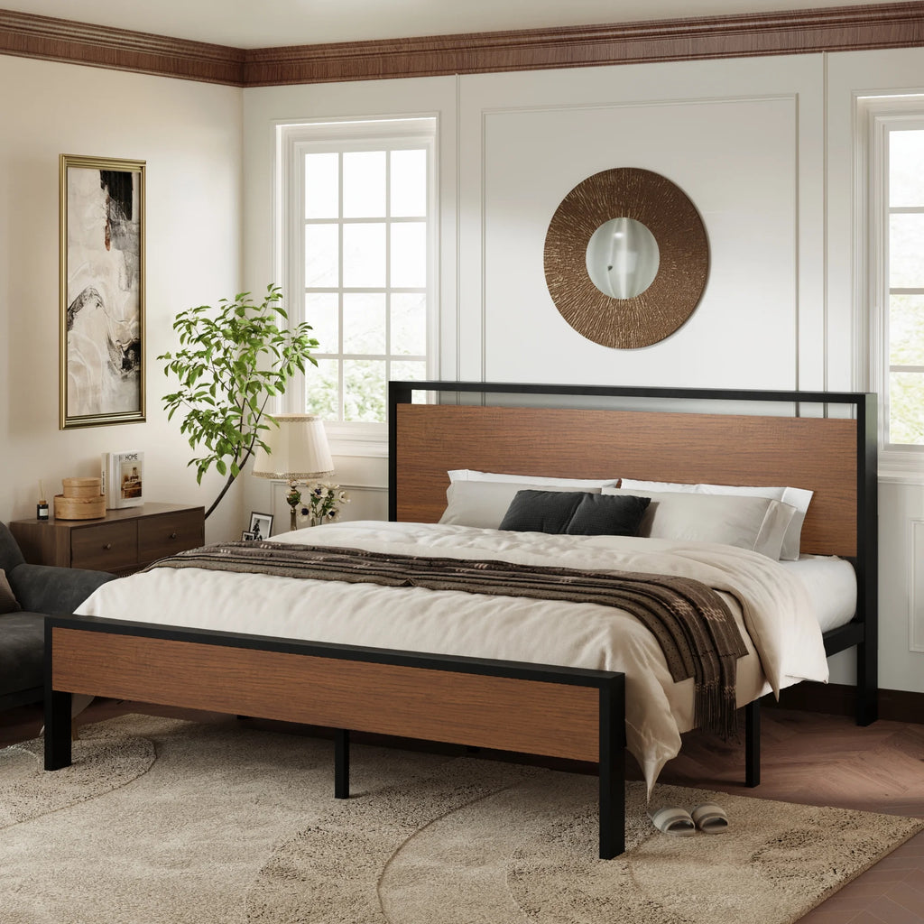 Walnut King Size Platform Bed Frame with Wood Headboard Q770