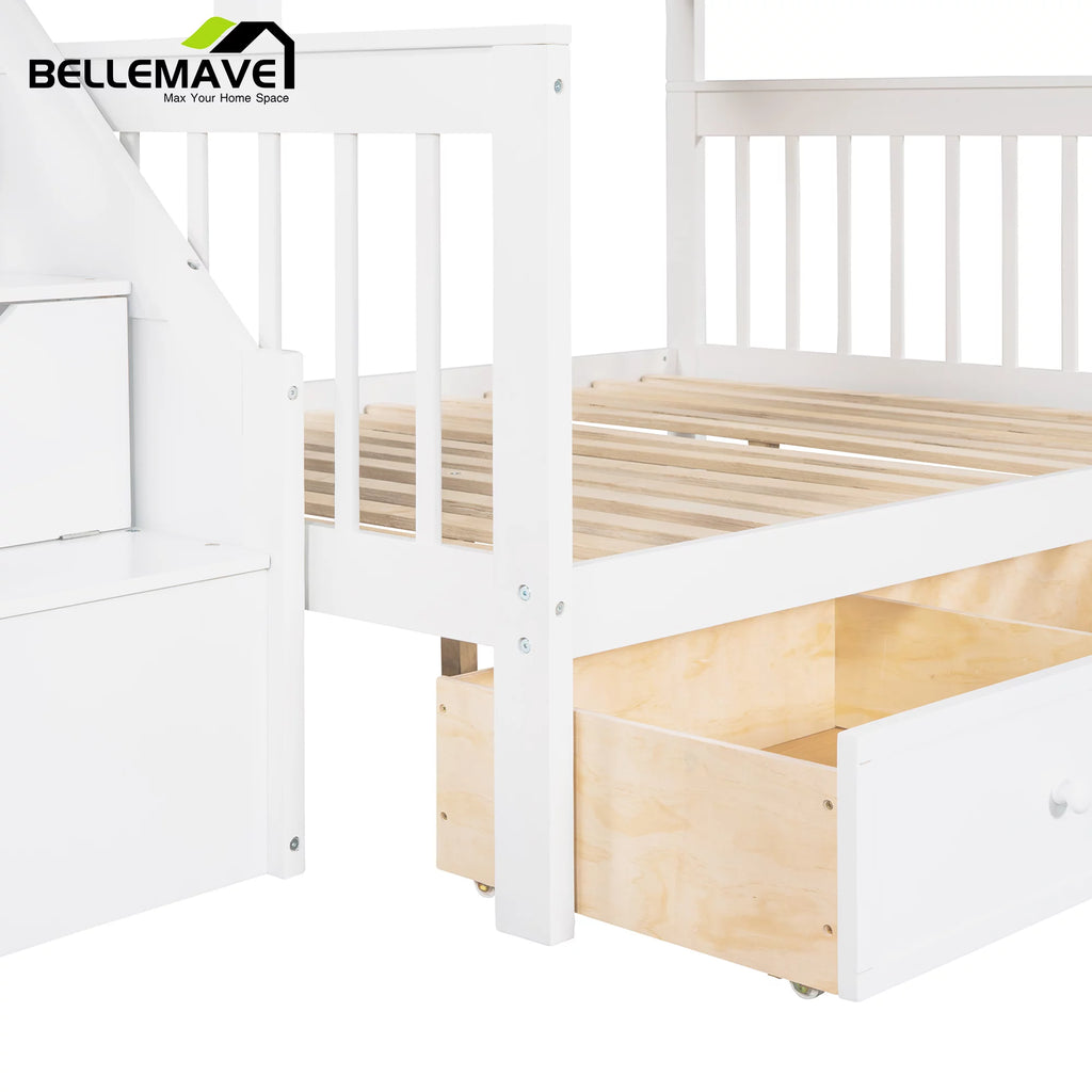 L-Shaped Twin over Full Size Bunk Beds with Storage Stairs and Drawers T607