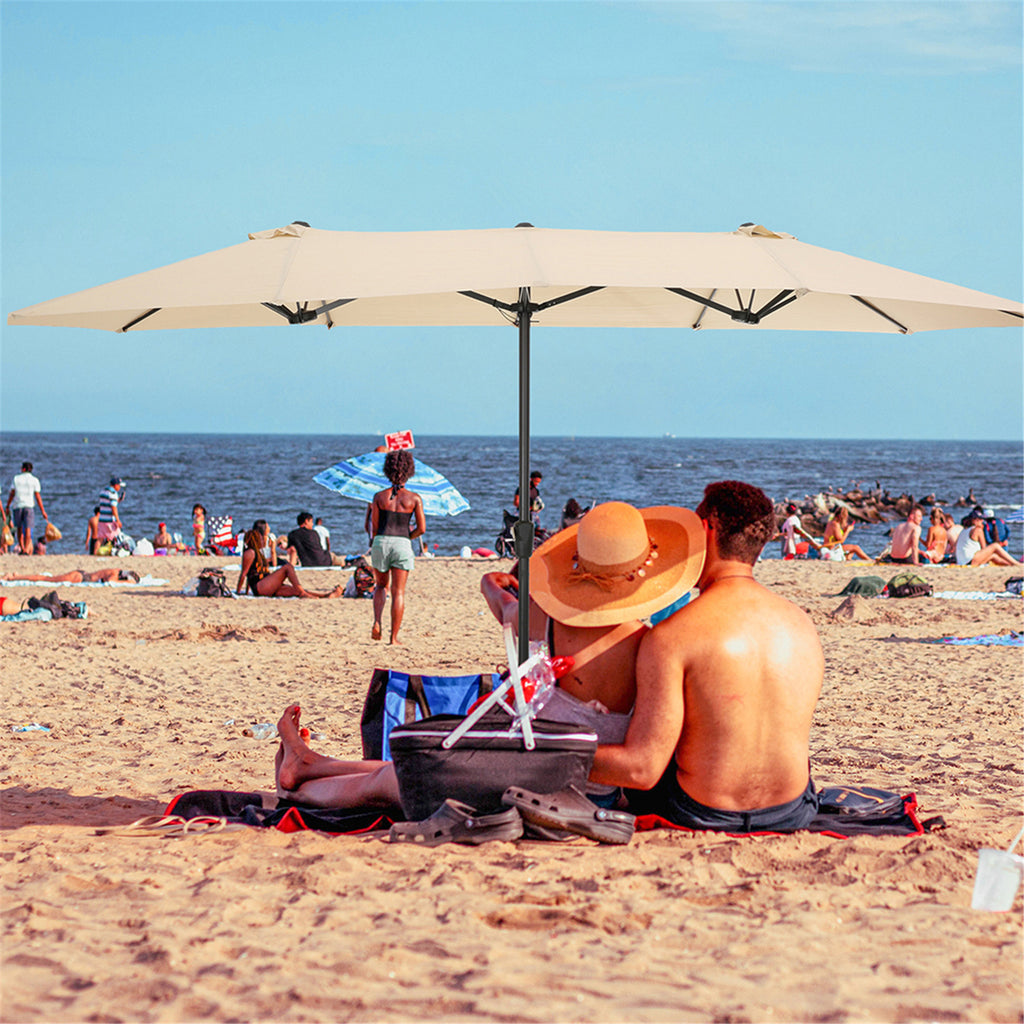 Tan Double-Sided Rectangular Patio Market Umbrella with Crank C79421
