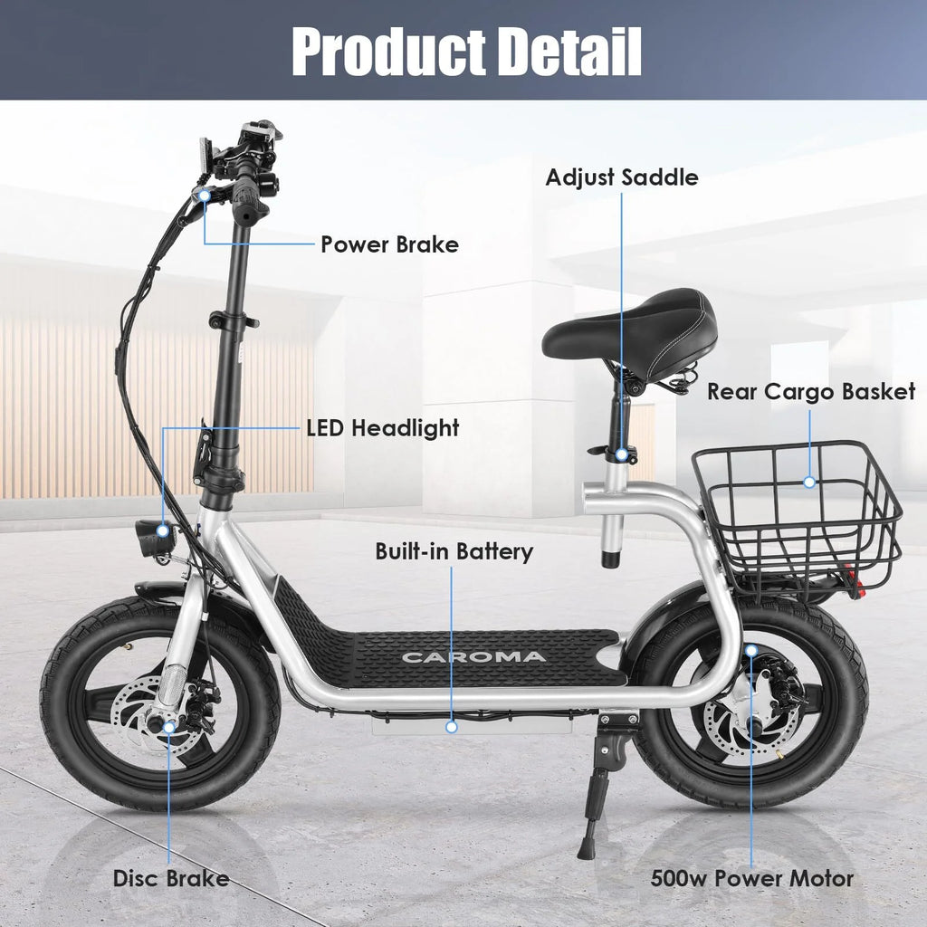 800W Adults Folding Electric Scooter with Removable Seat, Basket, 14" Tire, Silver H59456