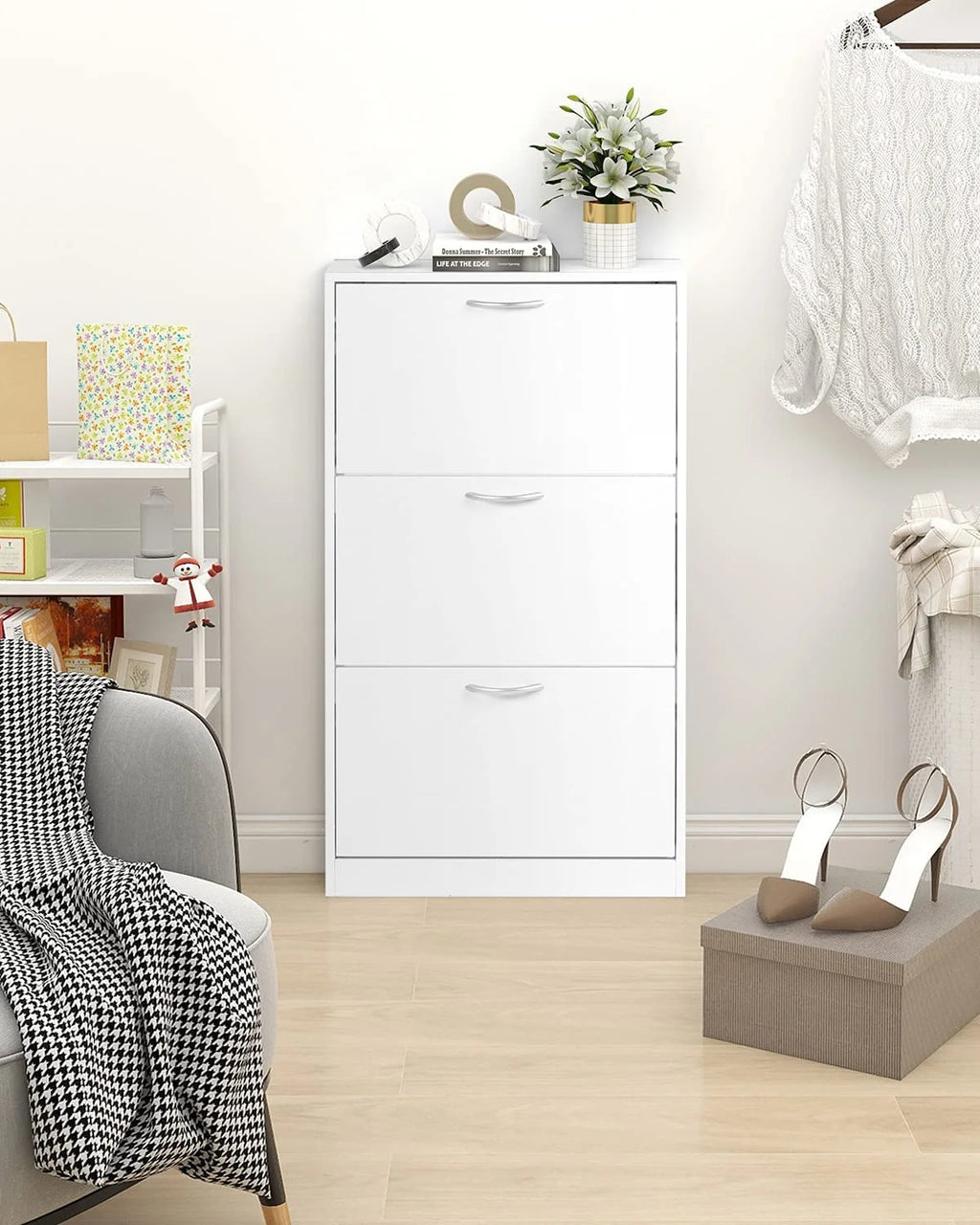 White Narrow 3 Tier Wood Shoe Cabinet Y4380