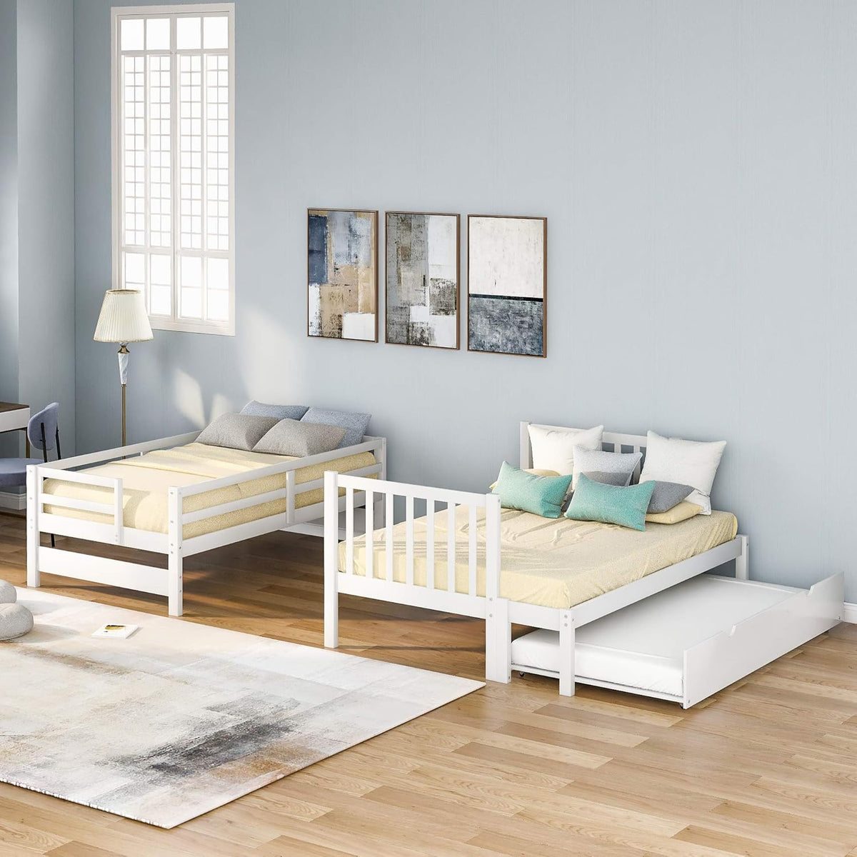 White Twin Over Twin Bunk with Trundle, 4 Drawers, and 3 Shelves Y97229