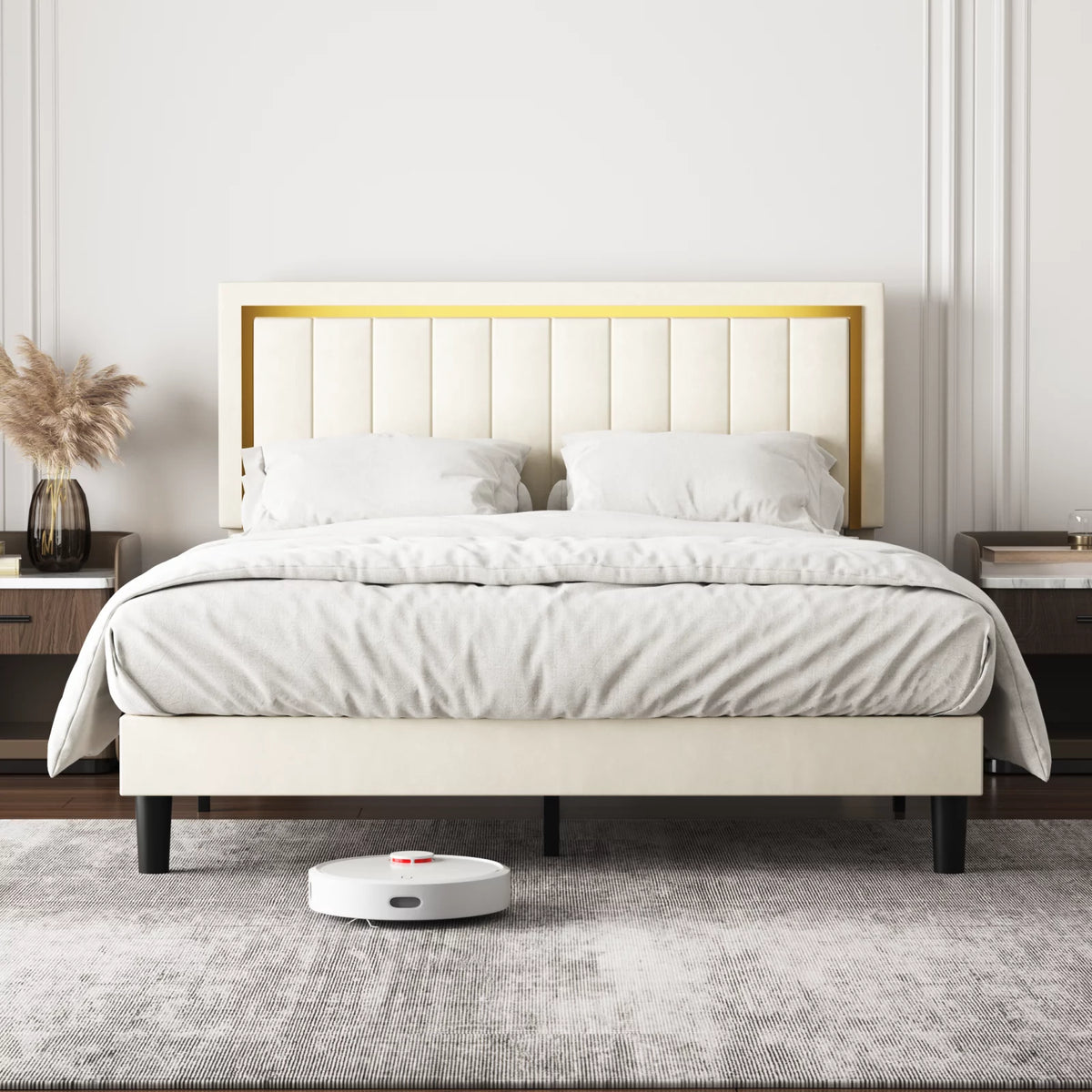 Queen Velvet Platform Bed with Adjustable Headboard Q3652