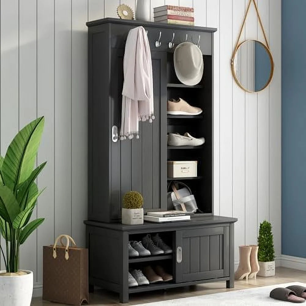 Black Hall Tree with Shoe Drawers and Bench D646
