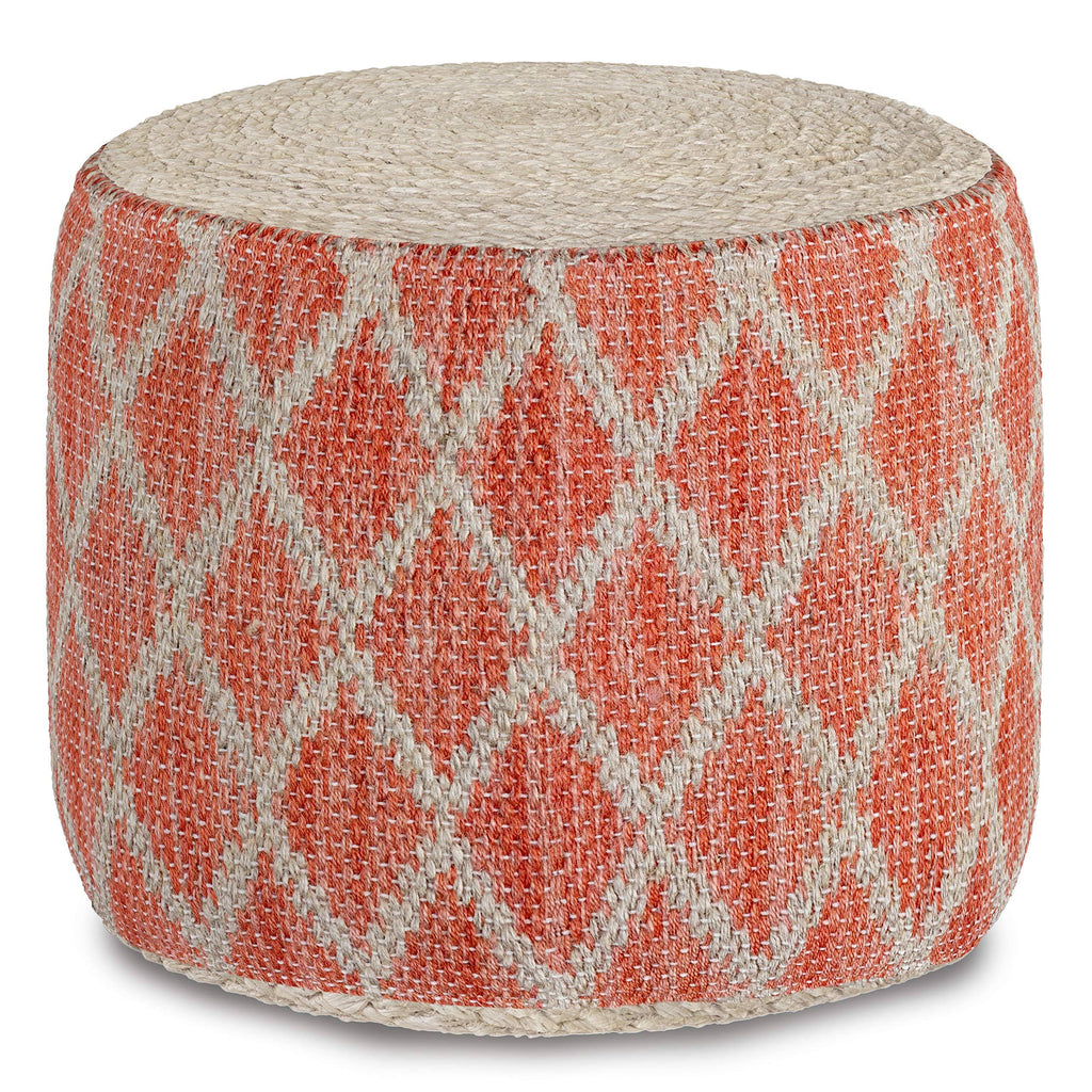 Coral and Natural Woven Braided Jute Round Pouf W48742