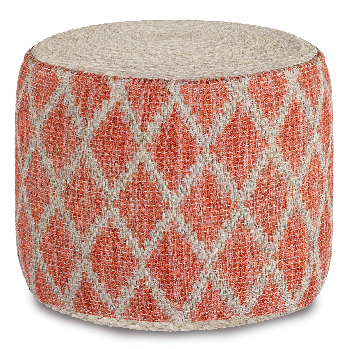 Coral and Natural Woven Braided Jute Round Pouf W48742