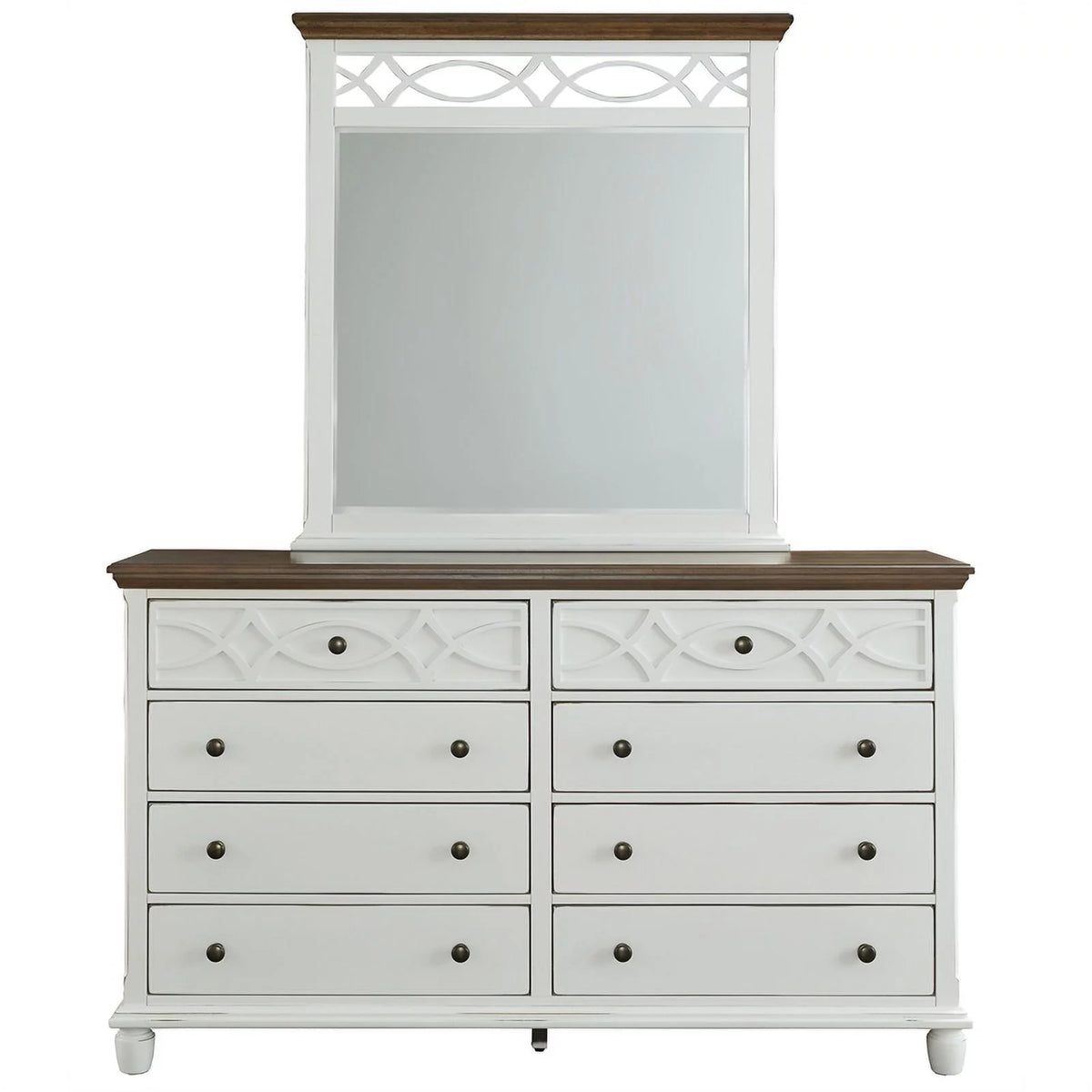 Oak Brown Vanilla White Wood Dresser and Mirror O4580