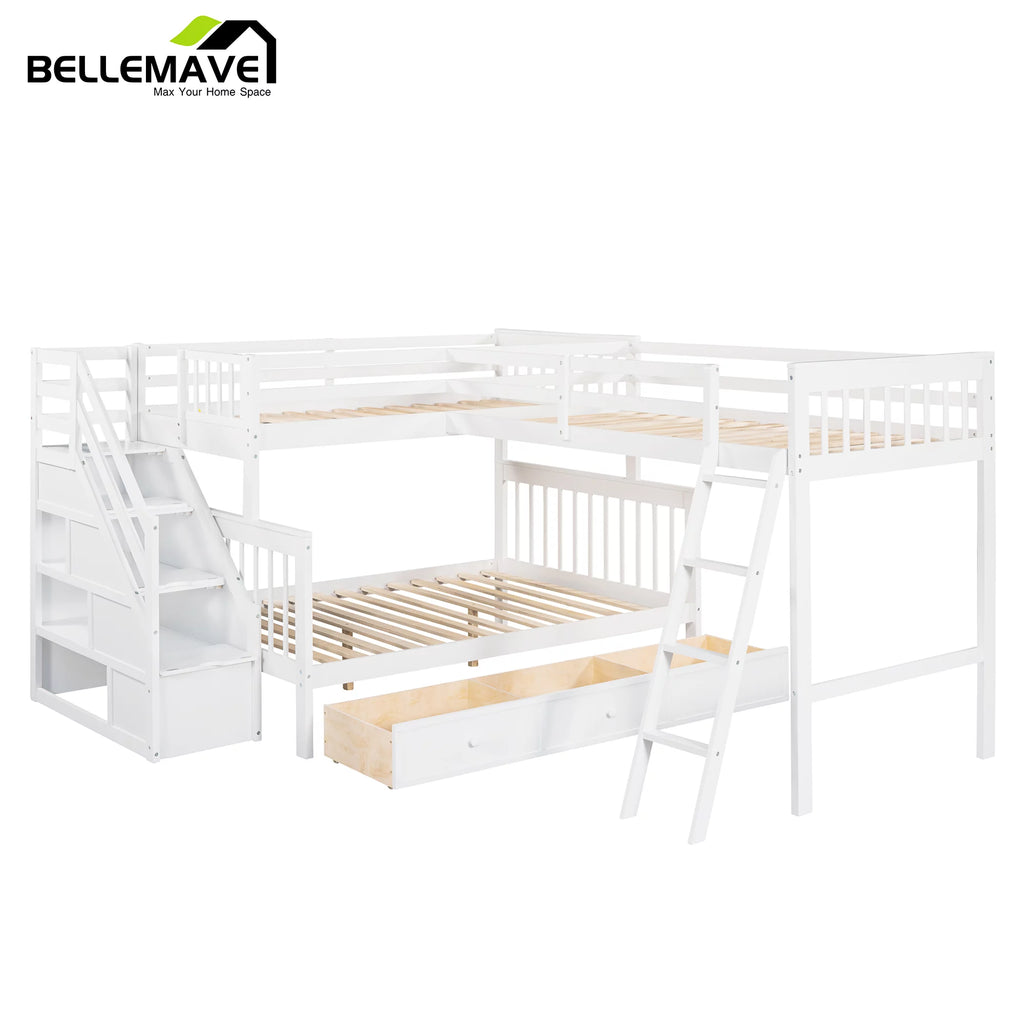 L-Shaped Twin over Full Size Bunk Beds with Storage Stairs and Drawers T607
