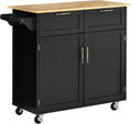 Black Rolling Kitchen Island with Rubberwood Top and Drawers W9750