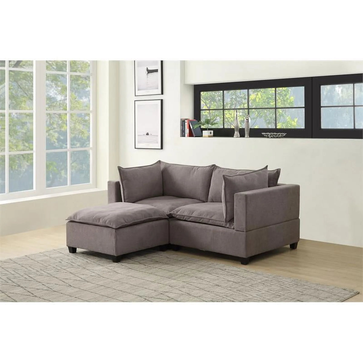 Light Gray Woven Fabric Sectional Loveseat Sofa with Ottoman P654367