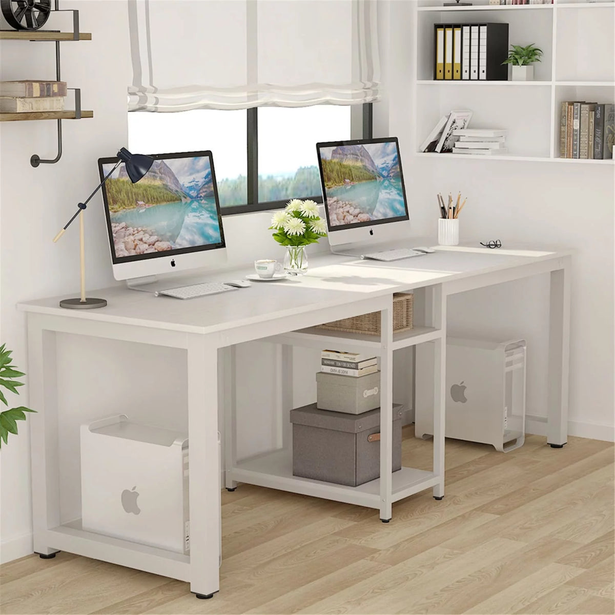 White 78 Inches Rectangle Computer Desk with Shelves L381