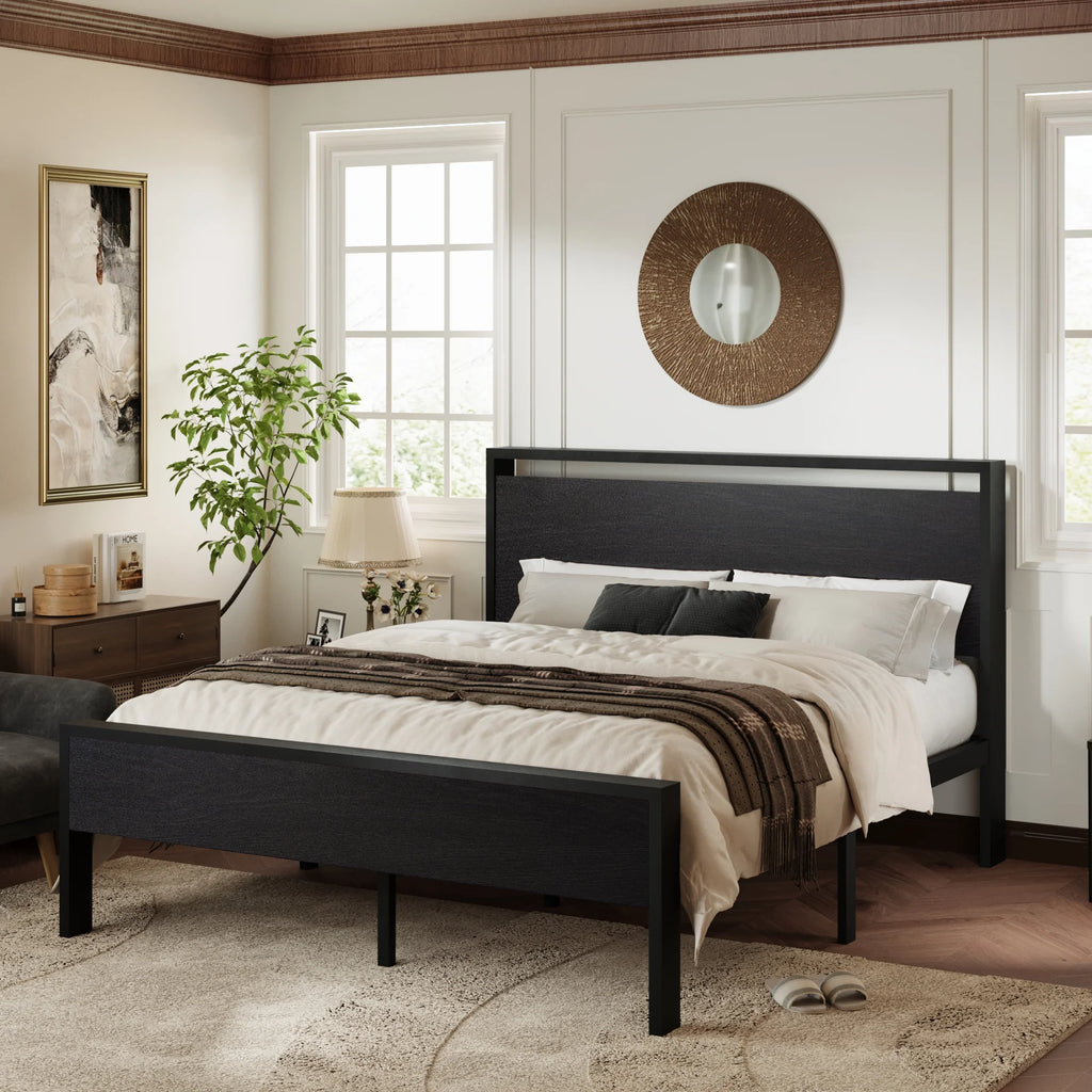 Walnut King Size Platform Bed Frame with Wood Headboard Q770