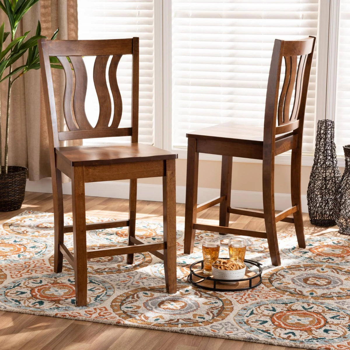 Brown Wood 2-Piece Counter Stool Set R467
