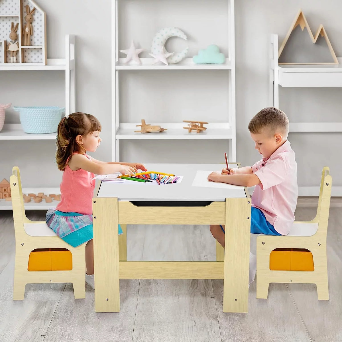 Wooden Kids Table and 2 Chairs Set with Storage Z85891