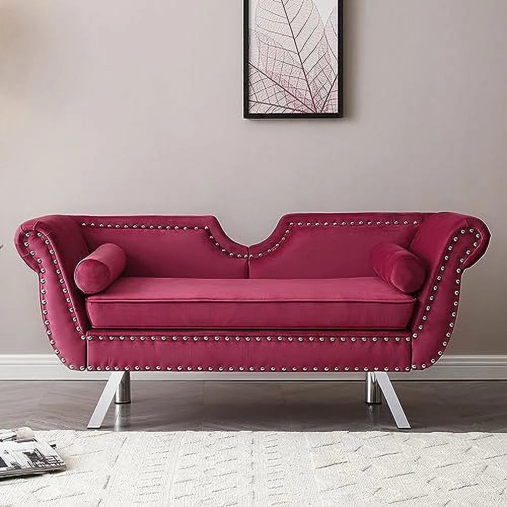 Velvet Ottoman Bench with Back and Silver Metal Legs T711716