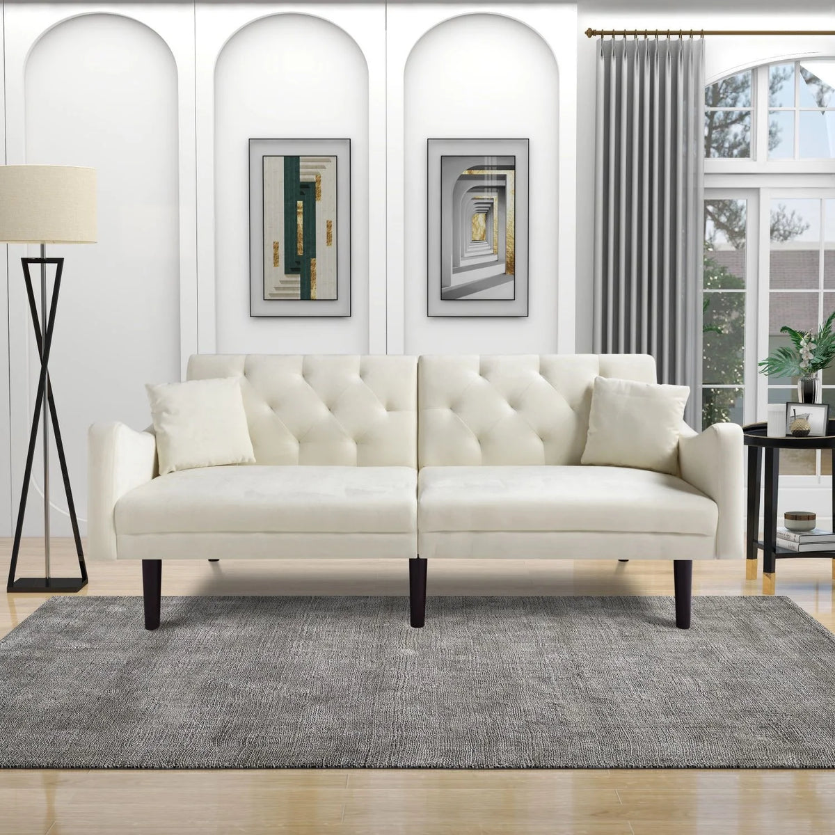 Beige Velvet Futon Sofa Bed with Pillows X30195