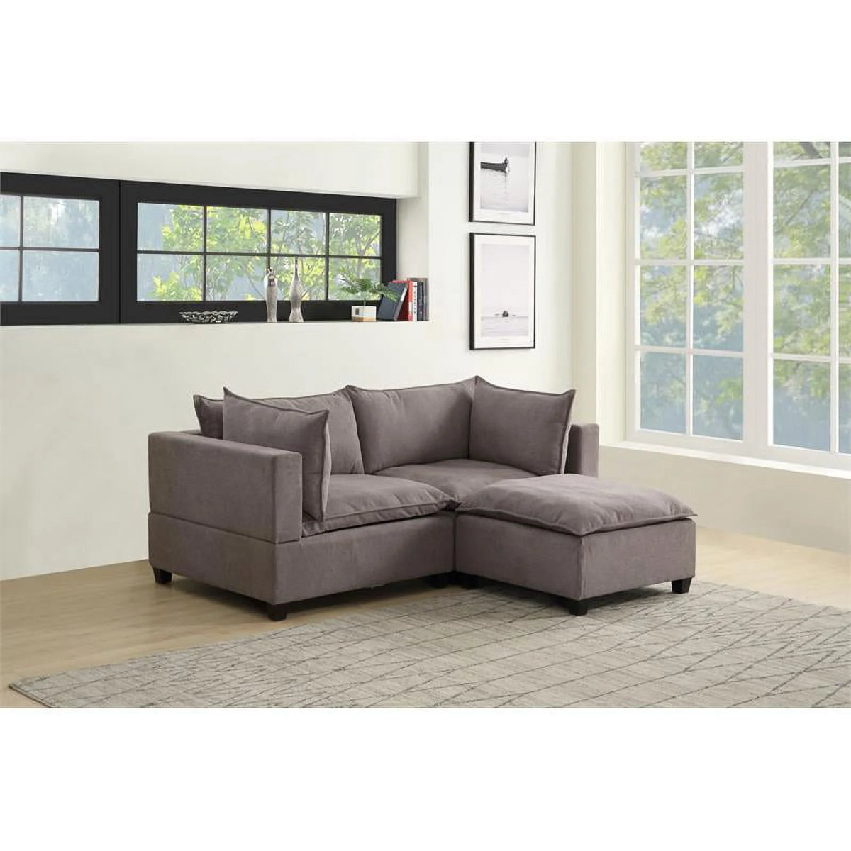 Light Gray Woven Fabric Sectional Loveseat Sofa with Ottoman P654367