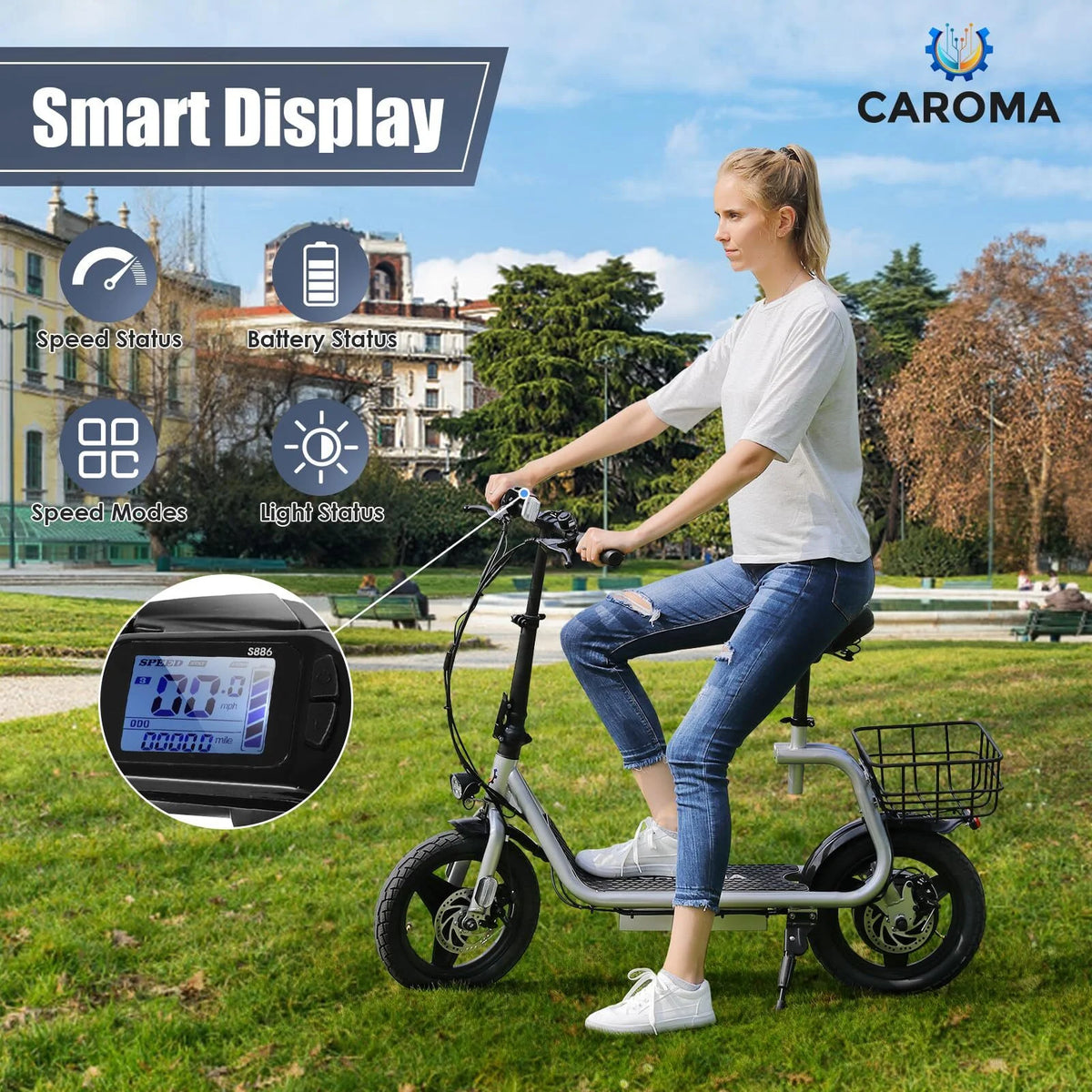 800W Adults Folding Electric Scooter with Removable Seat, Basket, 14" Tire, Silver H59456