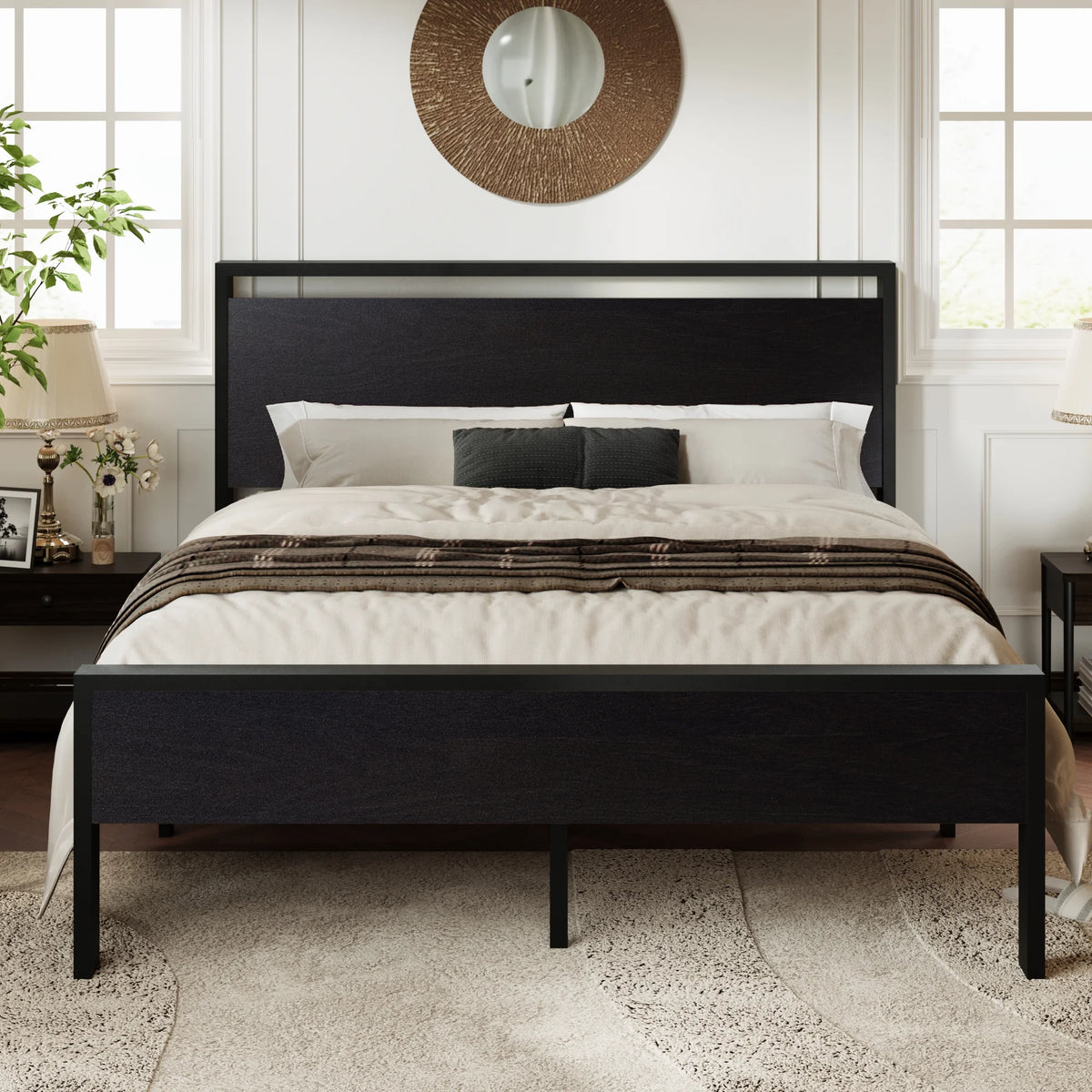 Walnut King Size Platform Bed Frame with Wood Headboard Q770