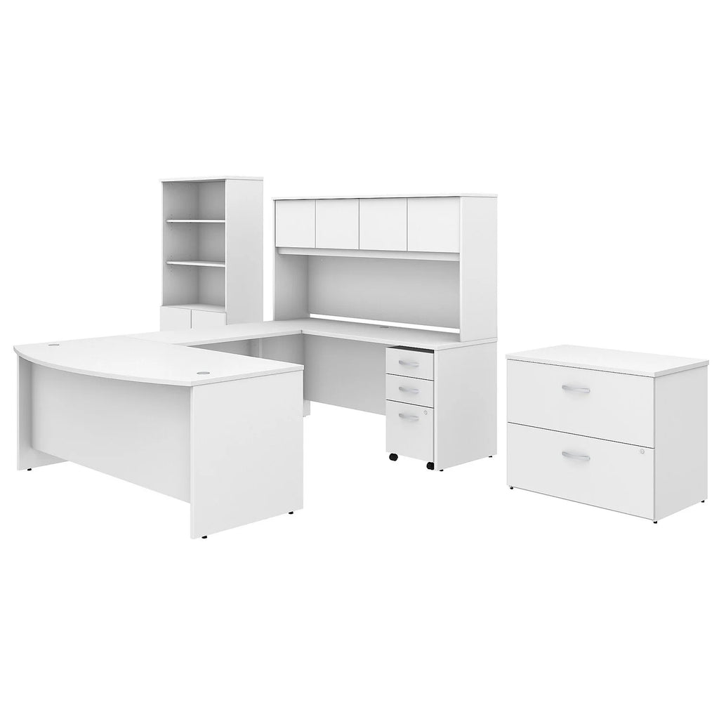 72W X 36D U Shaped Desk With Hutch, Bookcase And File Cabinets In White I49509