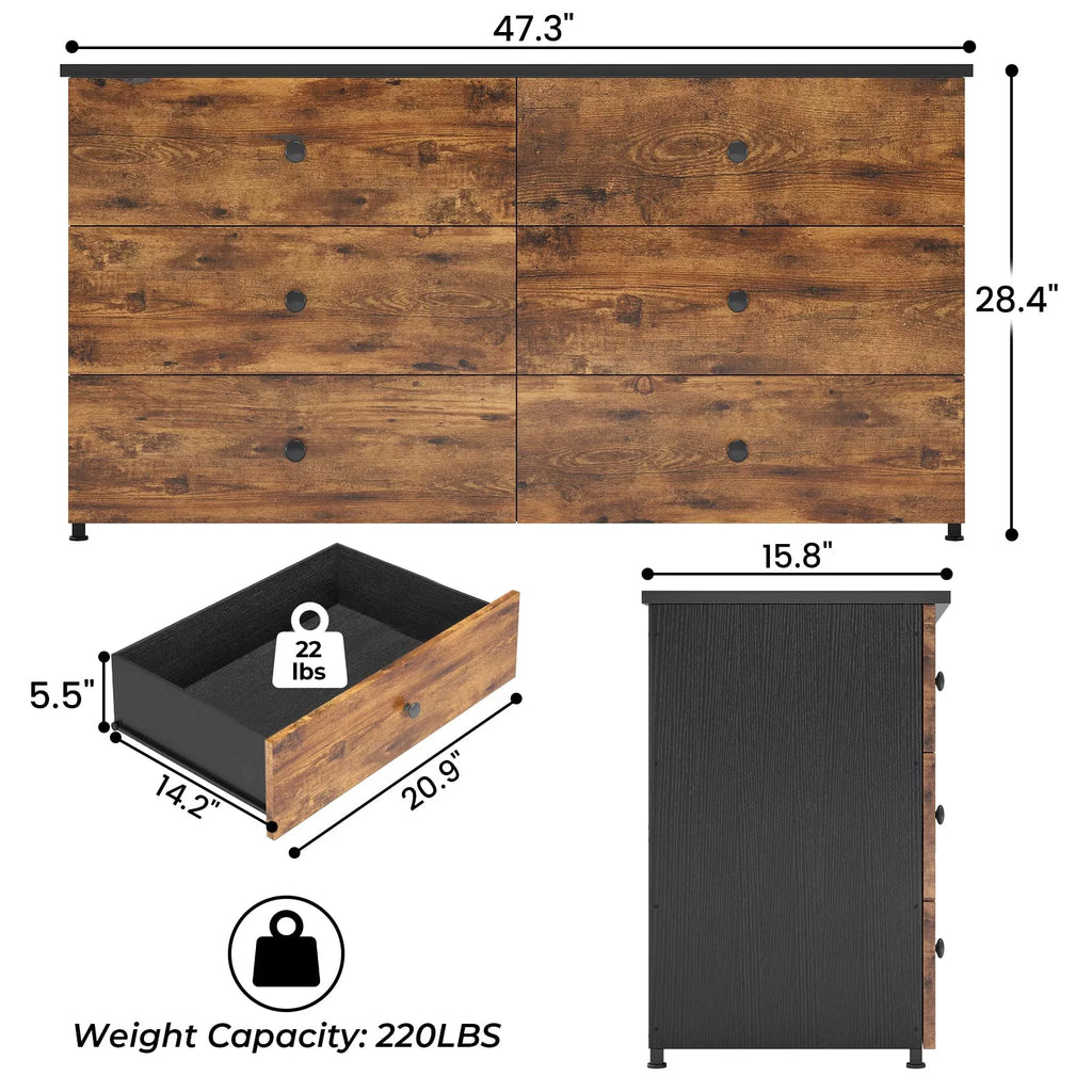 Brown 6 Drawer Wooden Dresser with Steel Frame B771