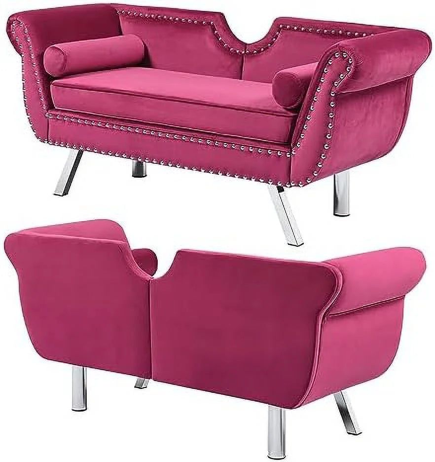 Velvet Ottoman Bench with Back and Silver Metal Legs T711716