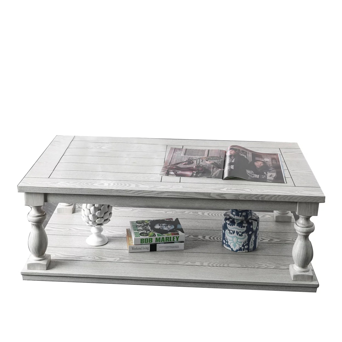 Antique White Plank Top Coffee Table with Open Shelf Q3102