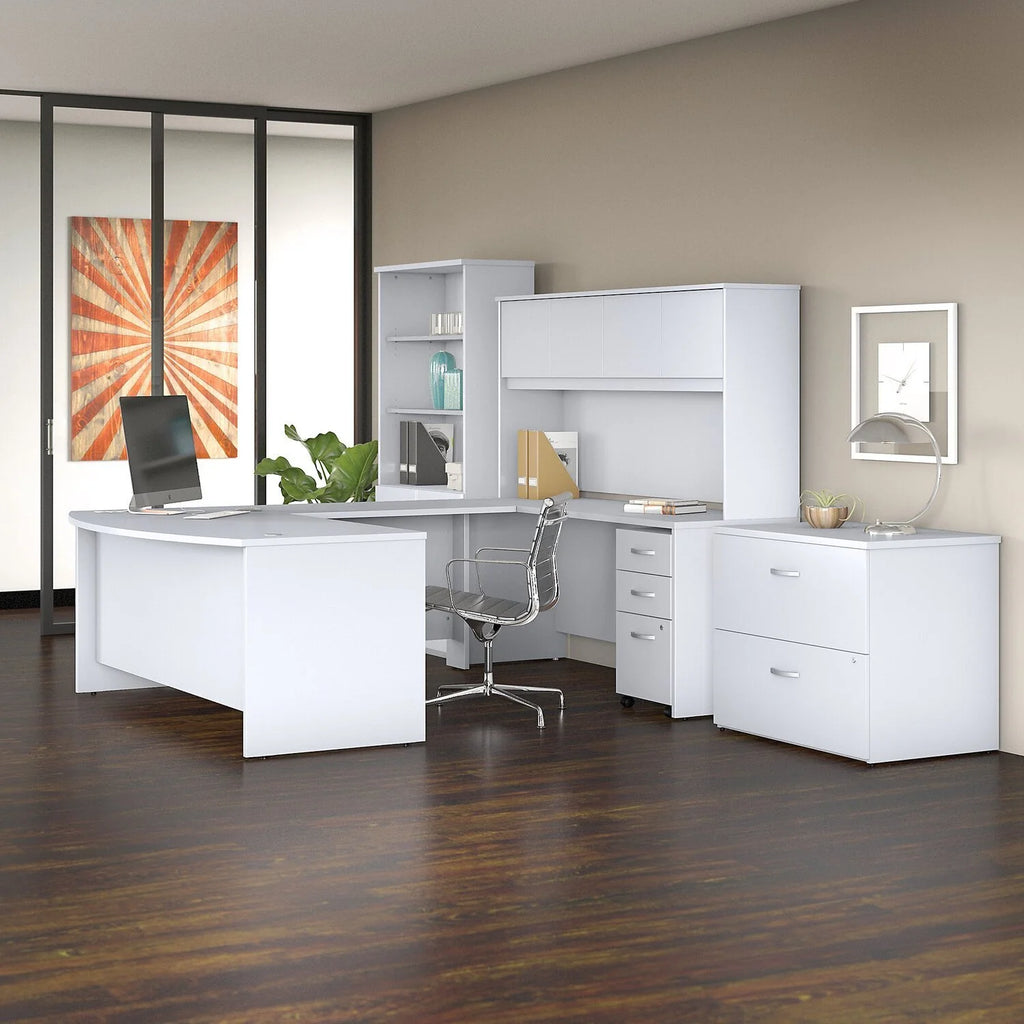 72W X 36D U Shaped Desk With Hutch, Bookcase And File Cabinets In White I49509