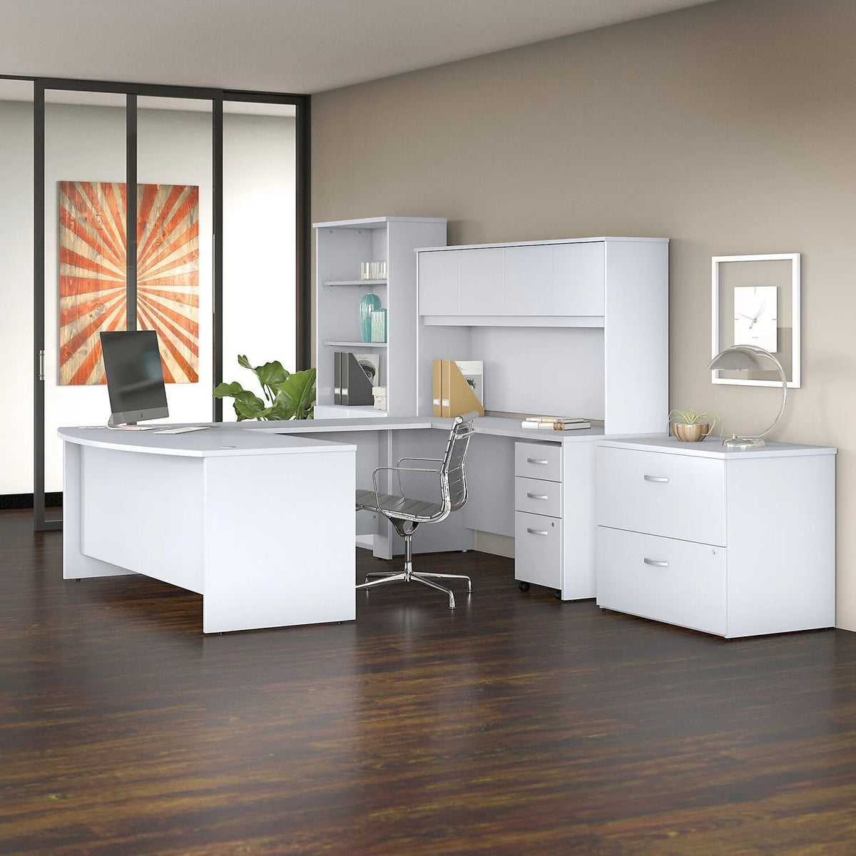 72W X 36D U Shaped Desk With Hutch, Bookcase And File Cabinets In White I49509
