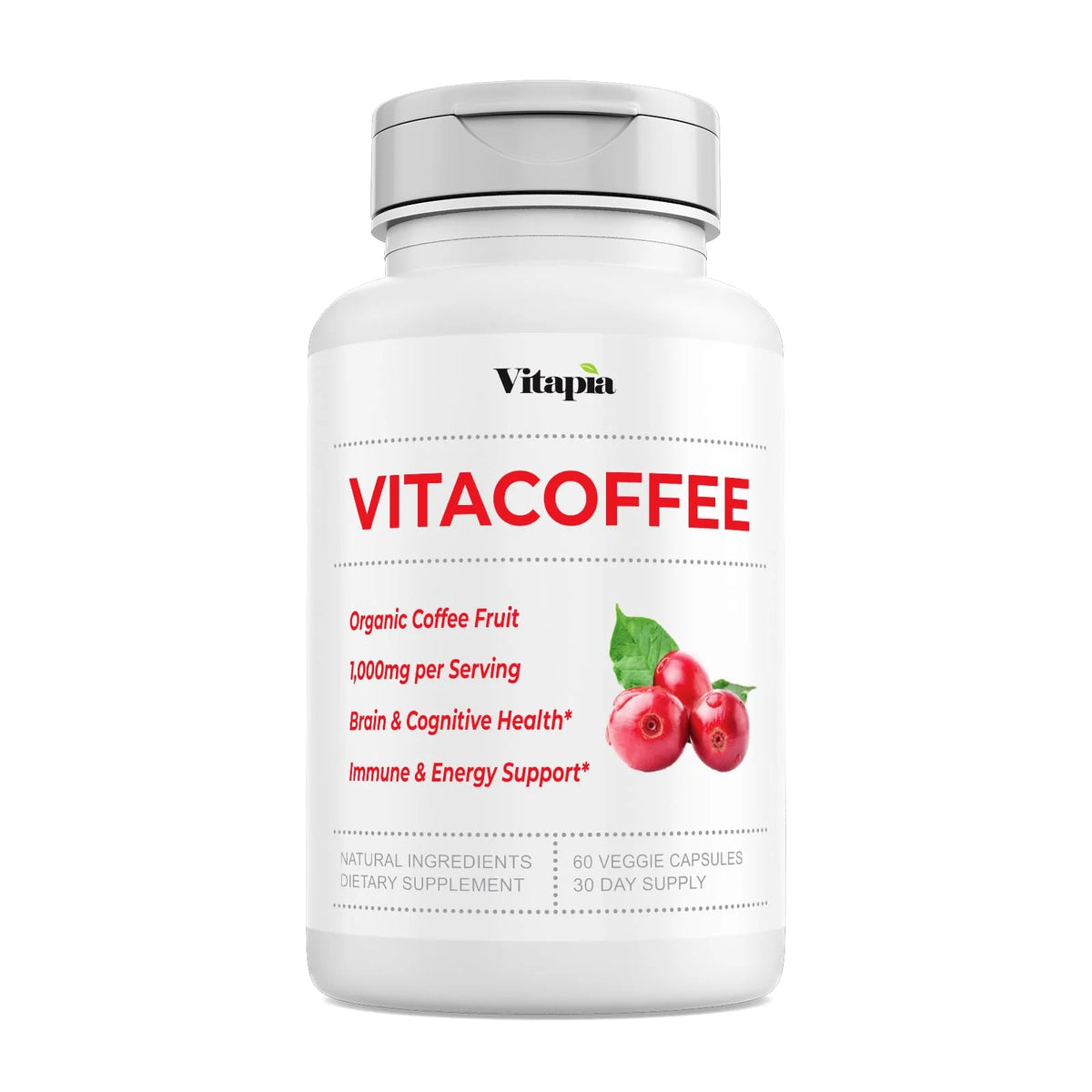 60 Veggie Capsules Caffeine Pills with Coffee Fruit, Vitamin C, Vitamin D, Zinc Gluconate I750