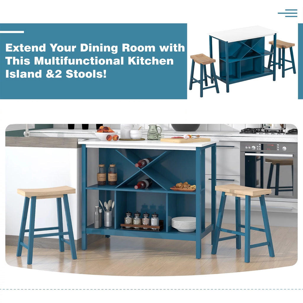 3-piece Wood Kitchen Island Set with 2 Seatings W156