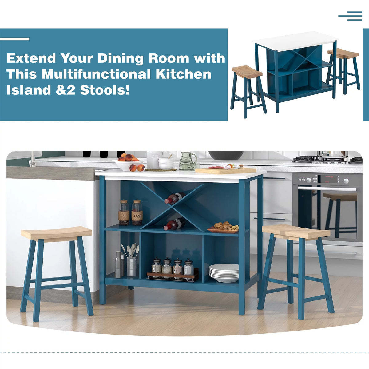 3-piece Wood Kitchen Island Set with 2 Seatings W156