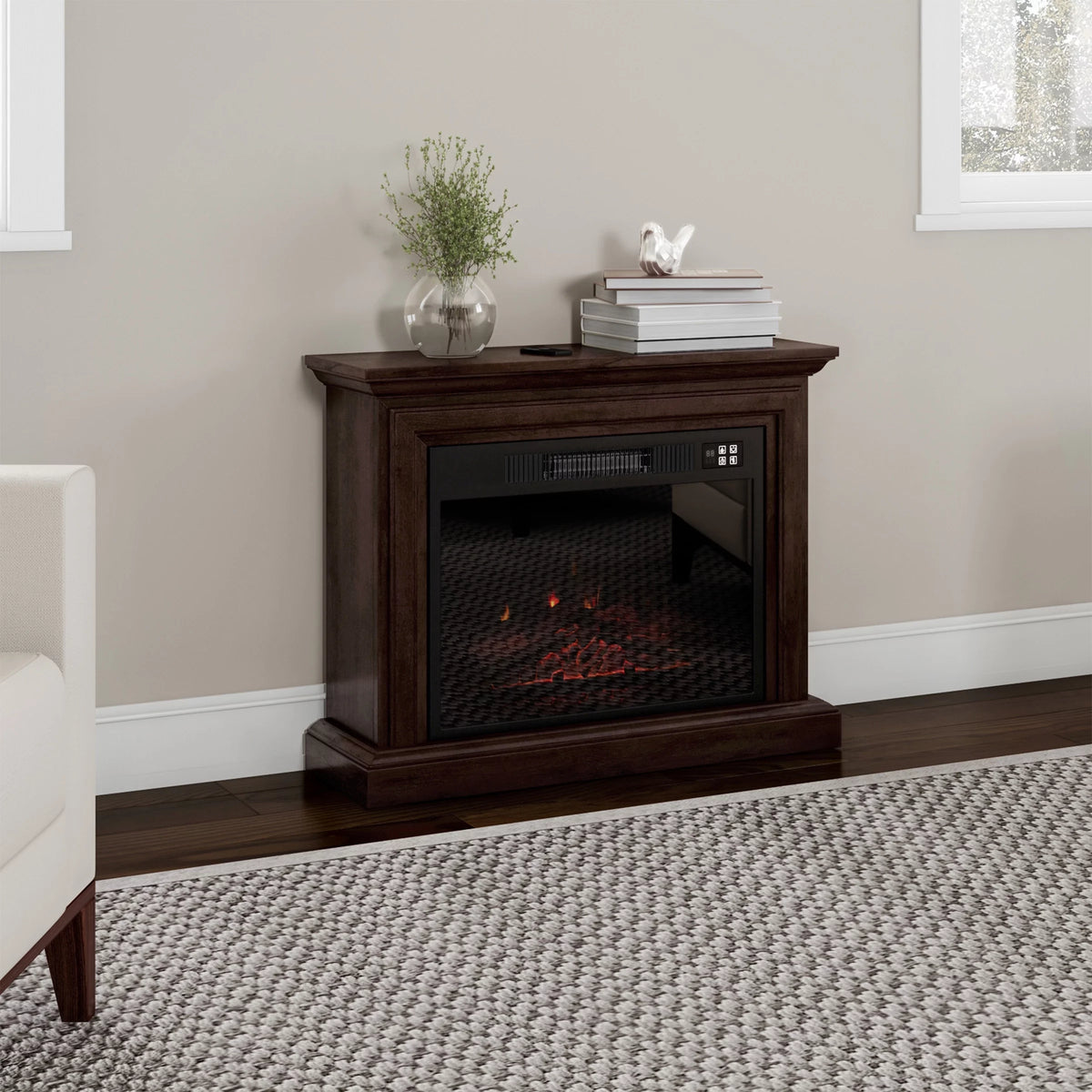 Brown Mobile Electric Fireplace with Mantel and Remote Control S56137