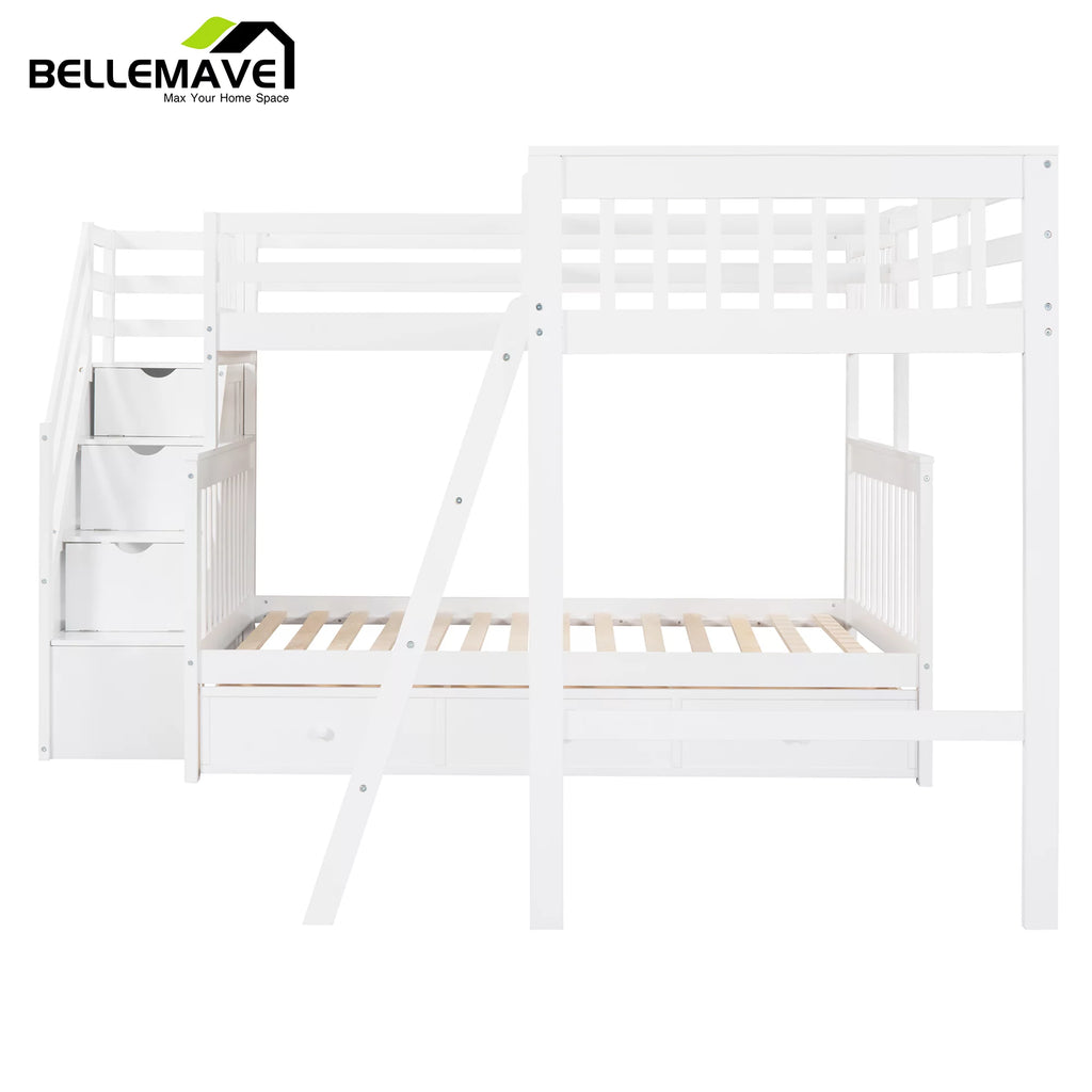 L-Shaped Twin over Full Size Bunk Beds with Storage Stairs and Drawers T607