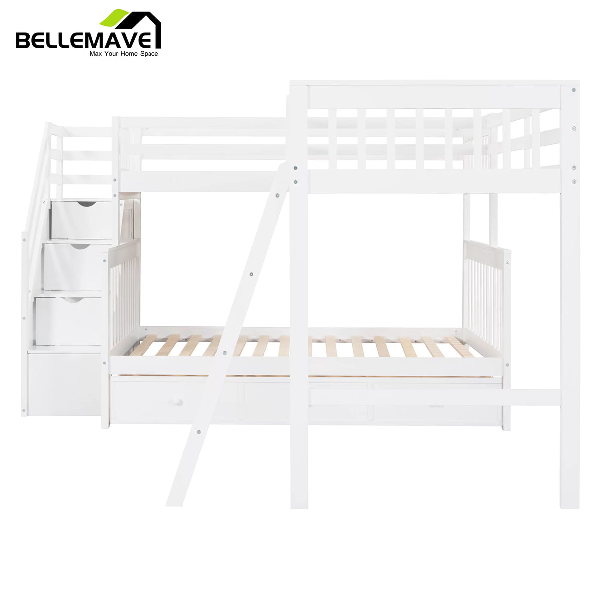 L-Shaped Twin over Full Size Bunk Beds with Storage Stairs and Drawers T607