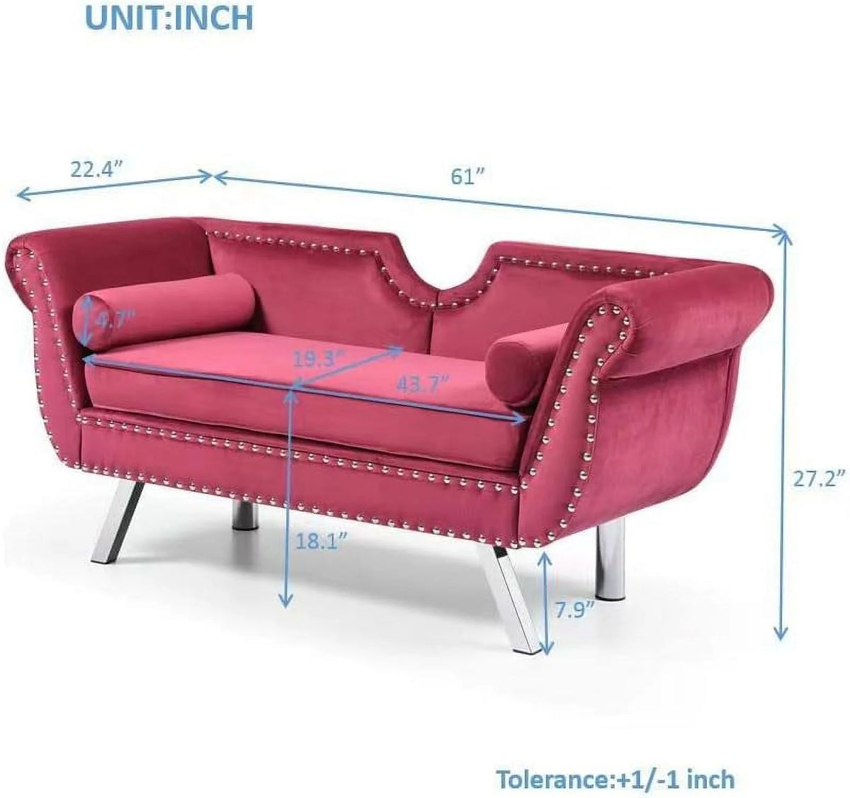 Velvet Ottoman Bench with Back and Silver Metal Legs T711716