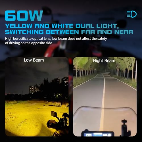 Motorcycle Auxiliary LED Light Kit Driving Spotlights White/Amber Fog Light with Mount Brackets Wire Harness Waterproof 60W Offroad Work Lights (Black) Q383749