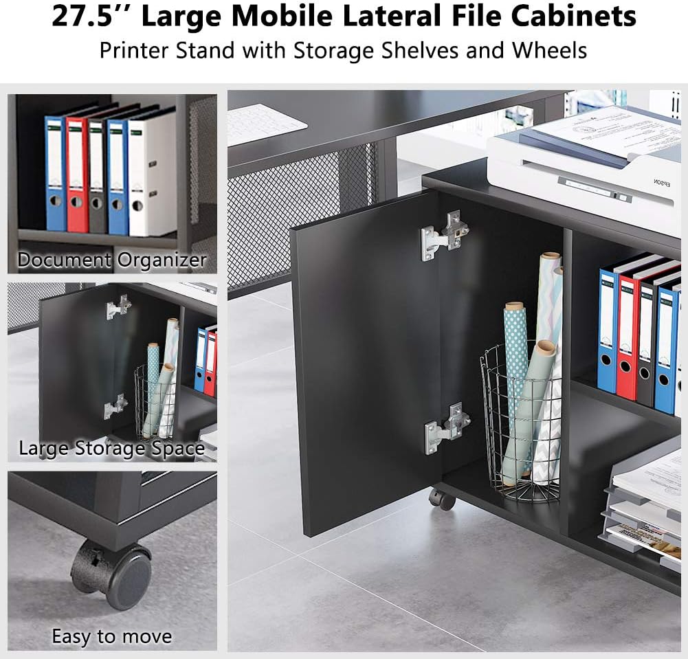 Black 55 inch L-Shaped Computer Desk with File Cabinet S4055