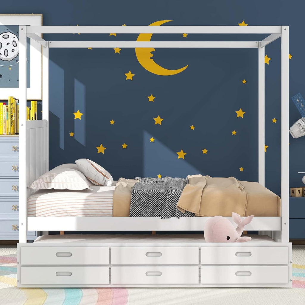 White Queen Size Wood Canopy Platform Bed with Twin Size Trundle Bed and 3 Storage Drawers Z189