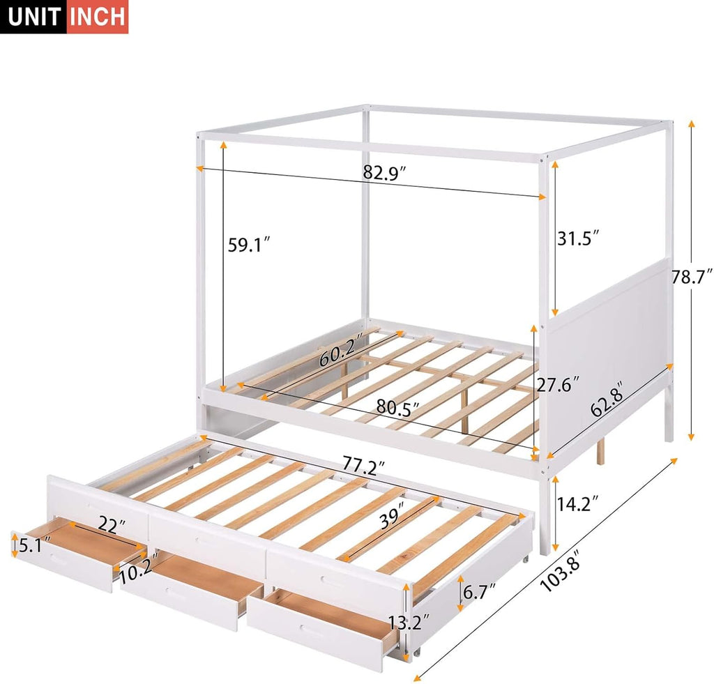 White Queen Size Wood Canopy Platform Bed with Twin Size Trundle Bed and 3 Storage Drawers Z189