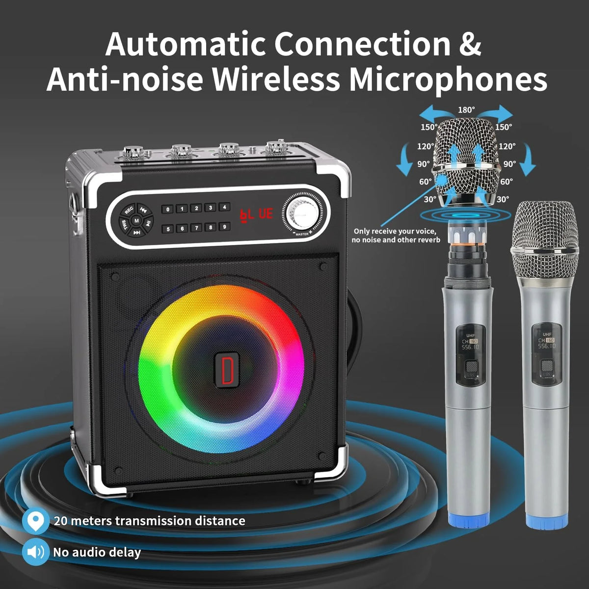 Karaoke Machine with 2 Wireless Microphones, Bluetooth Speaker F558