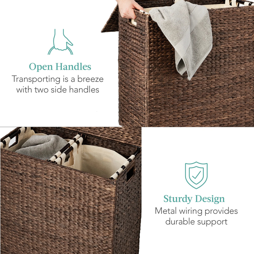 Large Natural Water Hyacinth Double Laundry Hamper Basket with 2 Liner Bags I362954