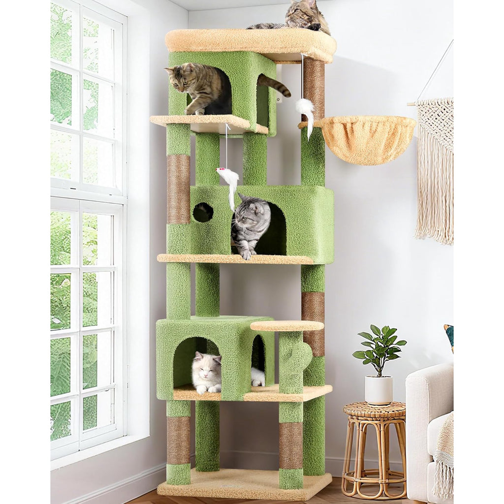 66 inch Multi-Level Cactus Climbing Tower Kitty Condo with Large Platform, 3 Caves W9438
