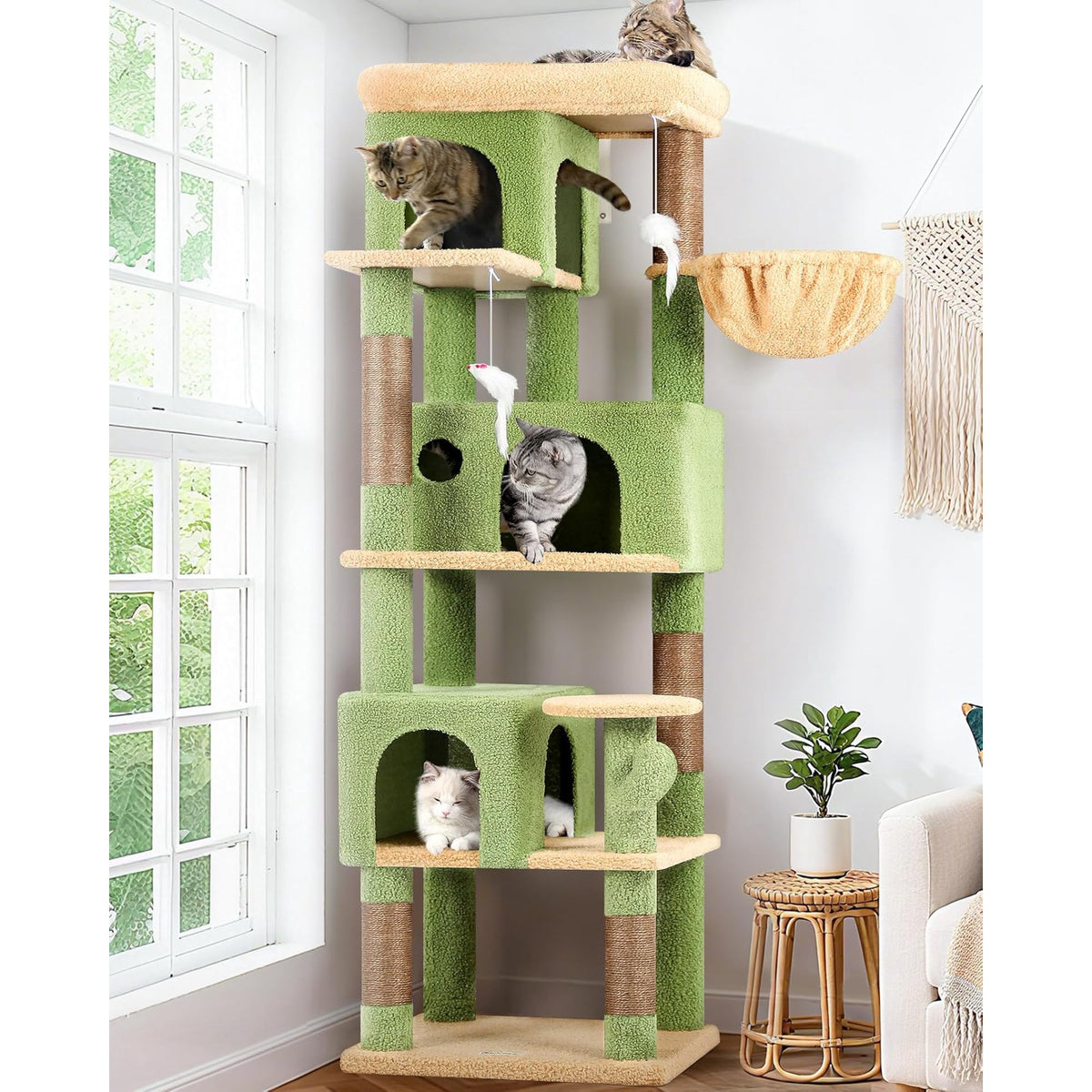 66 inch Multi-Level Cactus Climbing Tower Kitty Condo with Large Platform, 3 Caves W9438