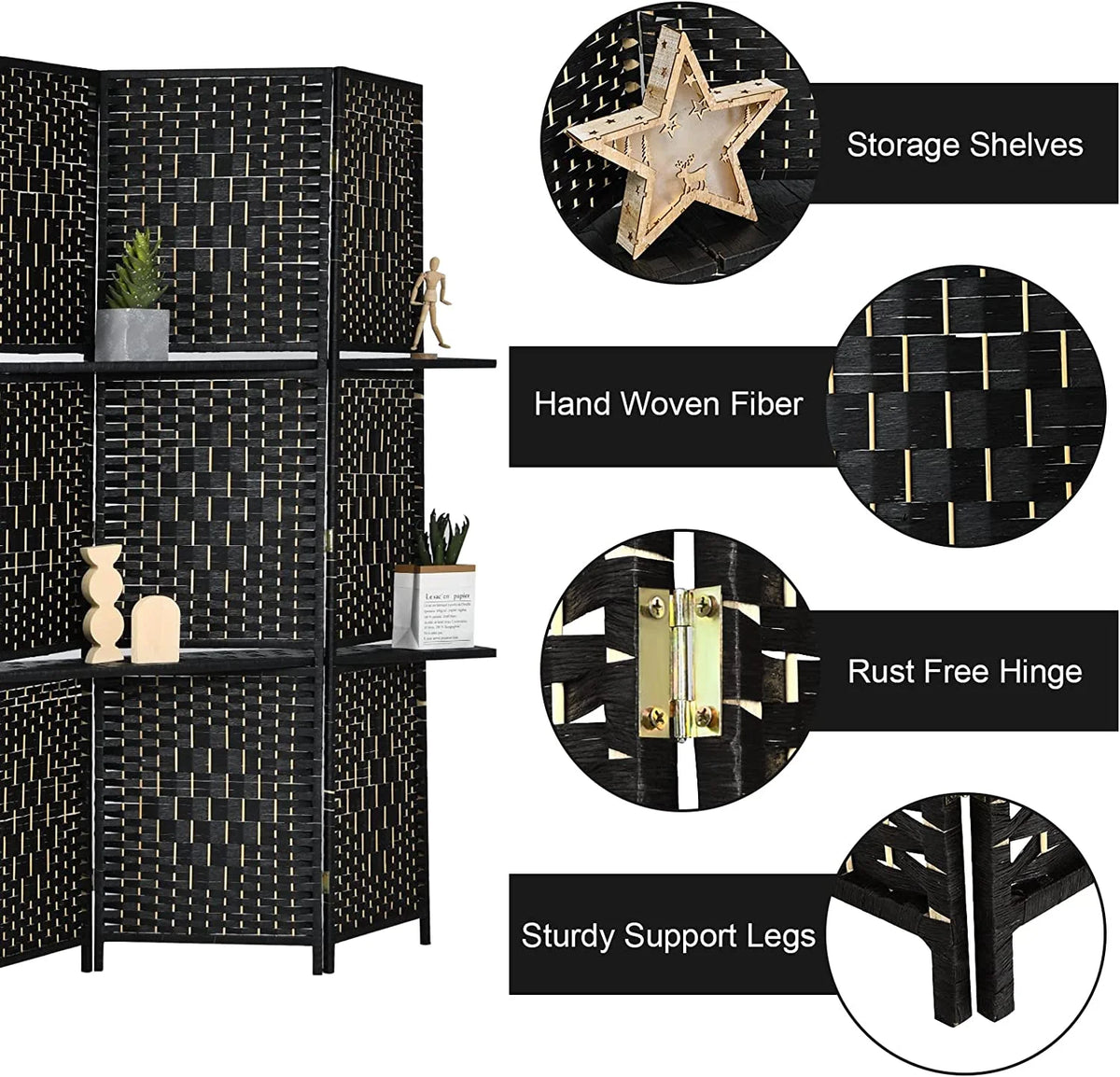 6Ft 6 Panel Hand-Woven Rattan Room Divider with Shelves G408176