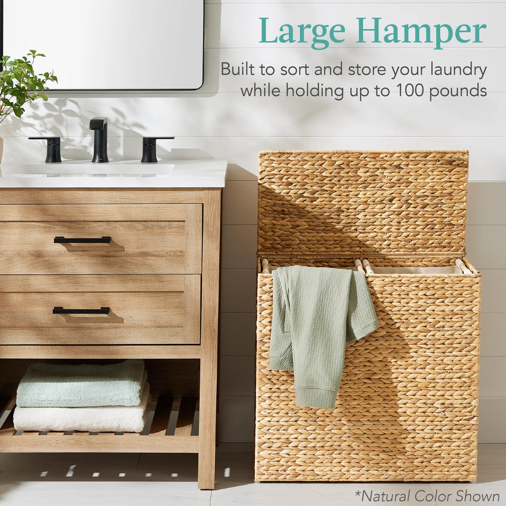 Large Natural Water Hyacinth Double Laundry Hamper Basket with 2 Liner Bags I362954