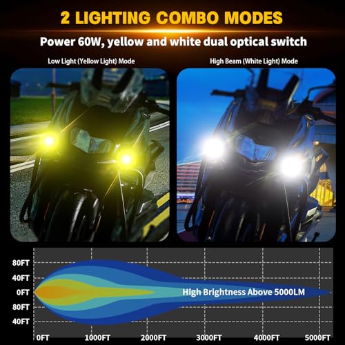 Motorcycle Auxiliary LED Light Kit Driving Spotlights White/Amber Fog Light with Mount Brackets Wire Harness Waterproof 60W Offroad Work Lights (Black) Q383749