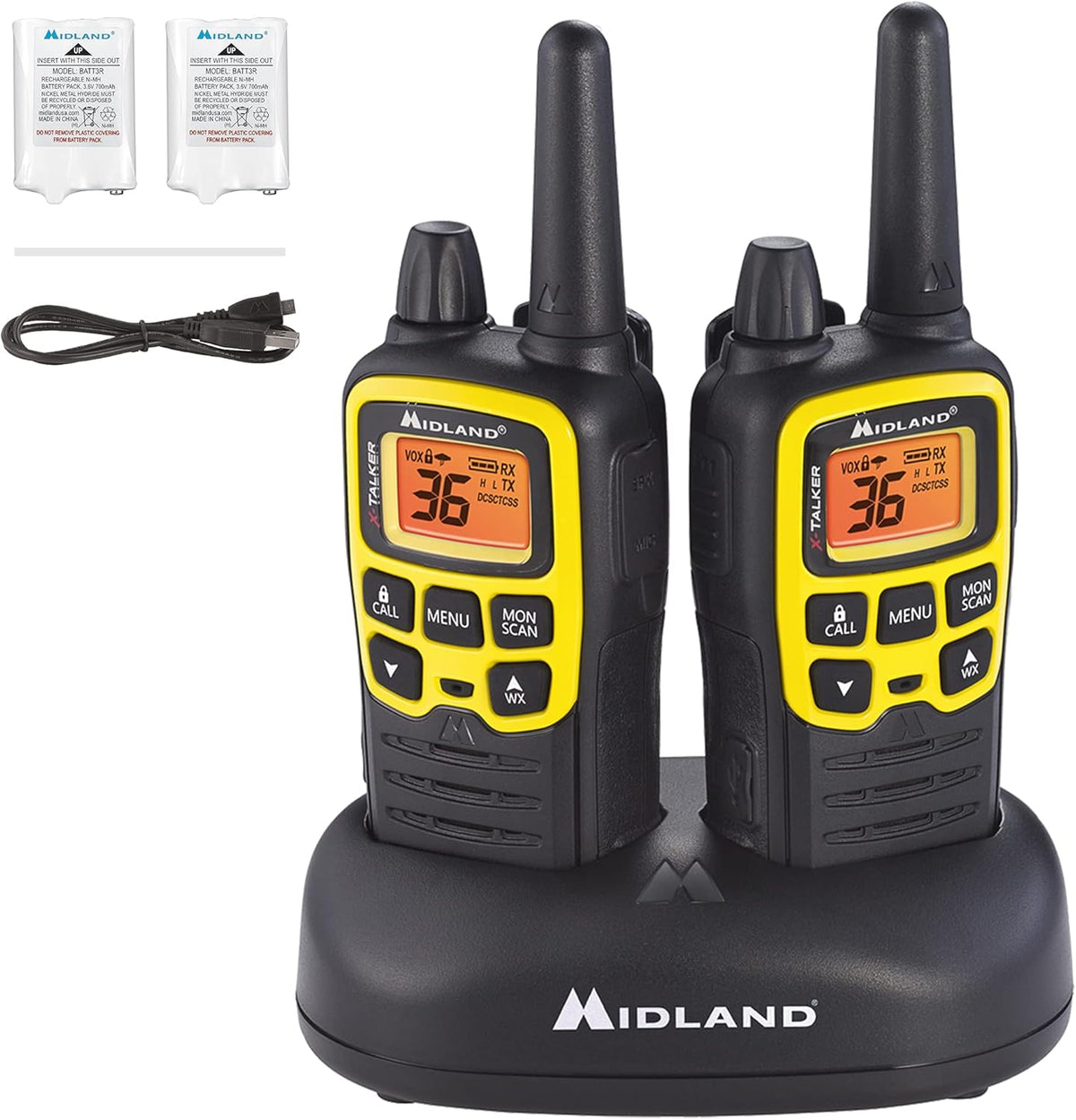 36 Channel FRS Two-Way Radio, 121 Privacy Codes, NOAA Weather Scan + Alert, Black/Yellow, 2-Pack G530